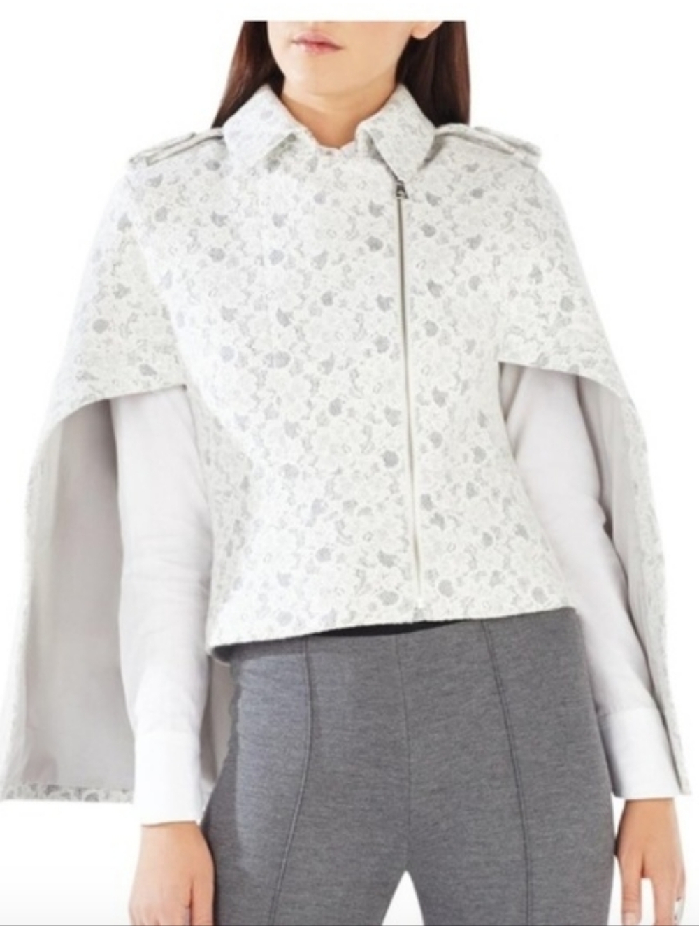 BCBGMAXAZRIA Jameson Lace Cape Blazer Women's XS Classic Elegant Off White